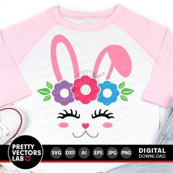 Bunny Svg, Easter Cut Files, Bunny Face Svg Dxf Eps Png, Girl Bunny Clipart, Kids Birthday Svg, Rabbit with Flowers Svg,