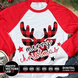 Merry Christmas Svg, Buffalo Plaid Reindeer Svg, Christmas Svg, Dxf, Eps, Png, Holiday Cut Files, Xmas Svg, Deer Clipart