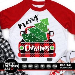 Merry Christmas Truck Svg, Buffalo Plaid Truck Svg, Grunge Xmas Tree Svg, Christmas Svg, Dxf, Eps, Png, Holiday Cut File
