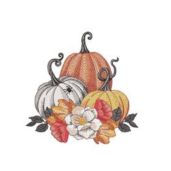 Floral Pumpkin Embroidery Design, Autumn Embroidery File, Halloween Embroidery Design, 4 sizes, Instant Download