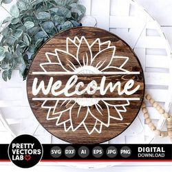 Welcome Sunflower Svg, Round Sign Cut Files, Fall Farmhouse Svg Dxf Eps Png, Door Hanger Svg, Floral Rustic Sign Clipart