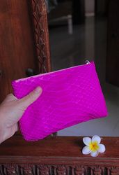 Genuine python skin hot pink cosmetic bag/ Purse Insert Organizer/Bag Insert For Tote Bag/ exotic leather wallet