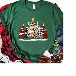 Merry Christmas Shirts for Women Leopard Plaid Christmas Trees Shirt Xmas Holiday Tee Tops, Merry Christmas Trees with B