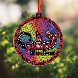 Haida Wolf Art Suncatcher Ornament: Native American Style Christmas Tree Ornaments