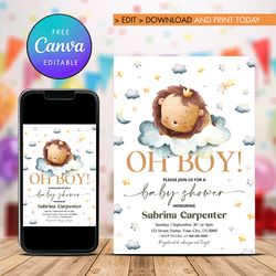 oh boy baby shower invitation, lion king baby shower invitation template canva editable