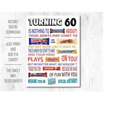 60th Birthday Funny Candy Poster Printable PDF - Sarcastic 60th Birthday Gift for Men Women Idea from Friends, Family -
