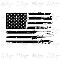 Fishing and Hunting SVG American Flag Fish and Hunt Design with Fishing Pole, Hunting Riffle - Vector Cutting File for C
