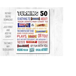 50th birthday funny candy poster printable pdf - sarcastic 50th birthday gift for men women idea from friends, family -
