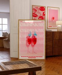 Champagne Poster, 70s Poster, Pink Wall Art, Trendy Wall Art, Bar Print, Vintage Poster, Psychedelic Poster, Retro Print