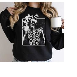 Skeleton Drinking Coffee Sweatshirt, Halloween Coffee Shirt, Coffee Skeleton Hoodie LS620