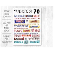70th birthday funny candy poster printable pdf - sarcastic 70th birthday gift for men women idea from friends, family -