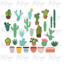 Cactus Pots Bundle SVG Cutting File for Cricut, Silhouette Cameo - Cactus PNG Clipart for Personalizing Apparel - Digita