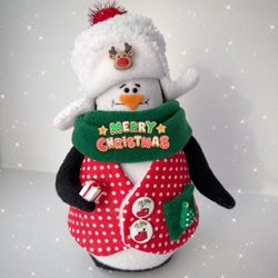 Christmas Penguin, Soft Penguin in hat, Holiday toy, Christmas handmade toy, Christmas gift idea