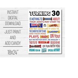 30th Birthday Funny Candy Poster Printable PDF - Sarcastic 30th Birthday Gift for Men Women Idea from Friends, Family -