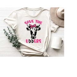 Save the Udders SVG - Breast Cancer SVG - Funny Breast Cancer Awareness Heifer Cow with Pink Bandana - Cancer Shirt Desi