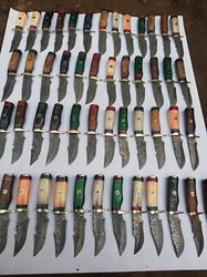 LOT OF 50, 6" INCH DAMASCUS SKINNER KNIVES WITH LEATHER SHEATHS