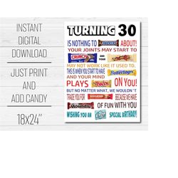 30th birthday funny candy poster printable pdf - sarcastic 30th birthday gift for men women idea from friends, family -