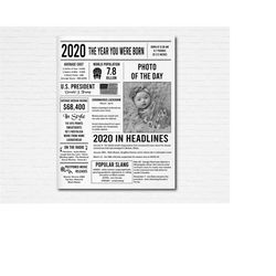 2020 Time Capsule Printable Newspaper Poster - The Year You Were Born Keepsake Gift for New Baby - Great Addition to a T