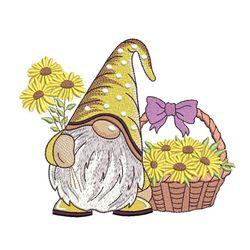Gnome with a Basket of Flowers Embroidery Design, 3 sizes, Instant Download