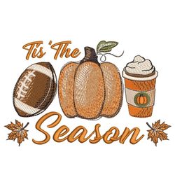 tis the season embroidery design, football pumpkin coffee embroidery design, 3 sizes, instant download