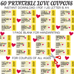 60 Printable Retro Love Coupons, Coupon Book For Him & Her, Anniversary Gift, Birthday Gift, Valentine's Day Coupons PDF