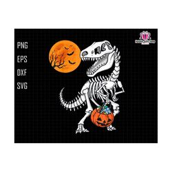 Trick Or Treat Svg, Funny Halloween Svg, T-Rex with Pumpkin Svg, Skeleton Dinosaurs, Spooky Pumpkin, Silhouette, Cricut, Spooky Season Svg