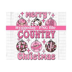 merry country christmas png, digital download, sublimation, sublimate, holidays, baubles, balls, ornament, cow, western, tree, pink