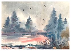 Winter landscape original Moody Painting Birds Miniature watercolor art