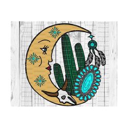 Desert Drawing PNG, Sublimate Download, moon, turquoise, gemstone, skull, cactus, desert, country, western,  boho, Sublimate Download