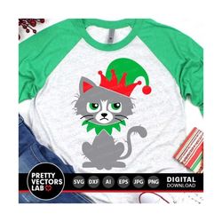 Christmas Cat Svg, Funny Cat with Elf Hat Svg, Elf Svg, Kids Shirt Design, Winter Cut Files, Holiday Svg, Dxf, Eps, Png,