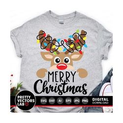 Merry Christmas Svg, Christmas Cut Files, Reindeer with Christmas Lights Svg Dxf Eps Png, Kids Shirt Design, Sublimation
