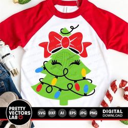Christmas Tree with Lights Svg, Christmas Cut File, Girl Svg Dxf Eps Png, Kids Shirt Design, Holiday Clipart, Sublimatio