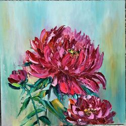 Peony burgundy. Impasto style. Interior painting. Painting with brush and palette knife.
