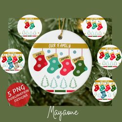 Personalized Family Christmas Socks Round and rectangle Ornament Bundle PNG Sublimation Designs, Custom Stocking