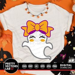 Girl Ghost Svg, Halloween Svg, Girls Cut Files, Cute Ghost with Bow Svg, Kids Svg, Dxf, Eps, Png, Baby Halloween Clipart