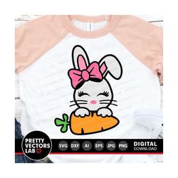 Bunny Svg, Girl Easter Svg, Bunny With Carrot Svg Dxf Eps Png, Easter Cut Files, Kids Shirt Design, Baby Rabbit Clipart,