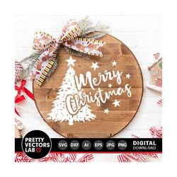 Merry Christmas Svg, Grunge Christmas Tree Svg, Farmhouse Svg, Round Sign Svg, Holiday Cut Files, Winter Svg Dxf Eps Png
