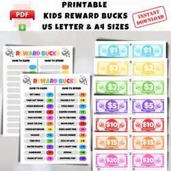 Printable Kids Reward Chart With Reward Bucks, Reward Bucks for Kids, Reward Chart, Kids Chore Chart, Reward System Mom