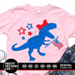 4th of July Svg, Patriotic Dinosaur Svg, Girls USA Cut Files, Dino with American Flag Svg Dxf Eps Png, Independence Day,