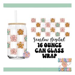 Checkered Floral 16 Ounce Can Glass Wrap PNG Digital Design Download-flowers can glass wrap png, digital cup wrap png, g
