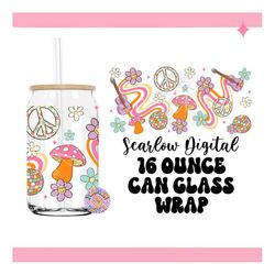 groovy 16 ounce can glass wrap png, hippie can glass png, flowers can glass design, disco glass can wrap design, mushroo