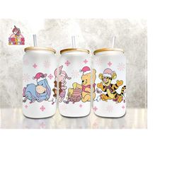 cartoon bear christmas tumbler wrap, 16oz libbey glass can, pink christmas tumbler, 16oz christmas glass can, can glass wrap, png download