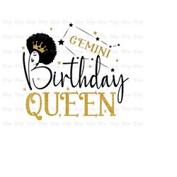 Gemini Birthday Queen SVG - May June Birthday T SHirt Design DIY Use with Glitter Vinyl, Iron On Transfer - Afro Hair Si