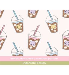 Iced Coffee Seamless Pattern, Coffee pattern, Retro Happy Face Iced Coffee Pattern