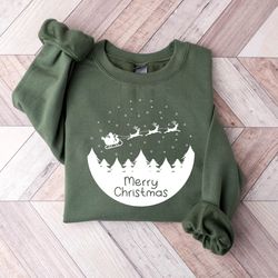 Merry Christmas Sweatshirt, Santa's Deer Christmas Sweatshirt, Holiday Sweater, Womens Holiday Sweatshirt, Christmas Shi