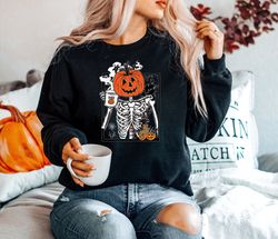 Pumpkin Skeleton Drinking Coffee SweatShirt Png, Enjoy Pumpkin SweatShirt Png, Funny Halloween SweatShirt Png, Skeleton