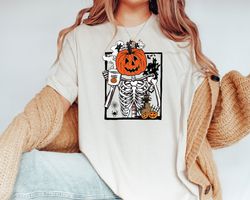 Halloween Coffee T-Shirt Png, Skeleton Pumpkin Shirt Png, Womens Fall Fashion Shirt Png, Halloween Coffee TShirt Png, Ha