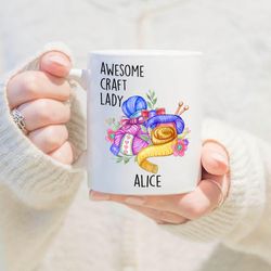 personalized awesome craft lady mug, knitting mug, gift for knitter