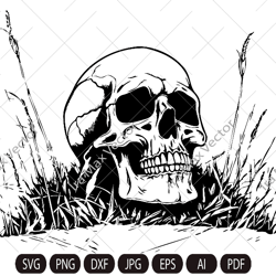Skull svg file, Skull in the grass svg, Skull cut file, Skull in the field , Day of death , skull png , halloween, gothi