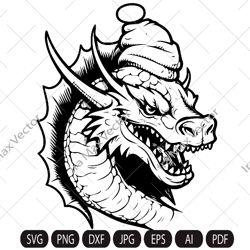 Dragon svg, Christmas Dragon svg , Dragon in Santa hat, Dragon Sublimation Design,Hand Drawn Dragon Png,Dragon Portrait